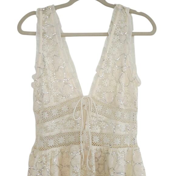For Love & Lemons Cream Snowflake Daisy Lace & Sequin Mesh Midi Dress Medium - Picture 6 of 14